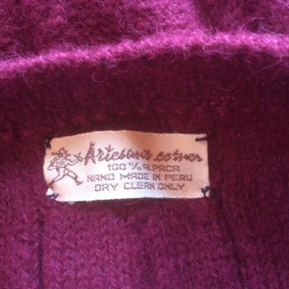 Artesan Handmade Peruvian 100% Alpaca Burgundy Wine Cable Knit Sweater Size XL* - Picture 3 of 3